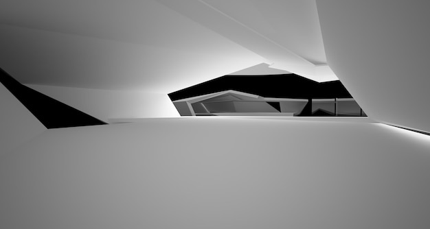 Spazio pubblico multilivello interno bianco e nero astratto con illustrazione 3D della finestra