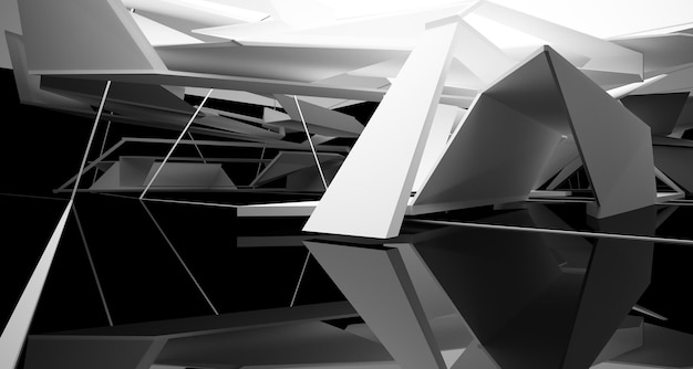 Spazio pubblico multilivello interno bianco e nero astratto con illustrazione e rendering 3D della finestra