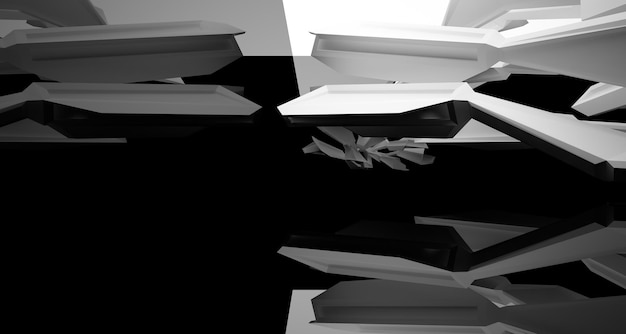 Spazio pubblico multilivello interno bianco e nero astratto con illustrazione e rendering 3D della finestra