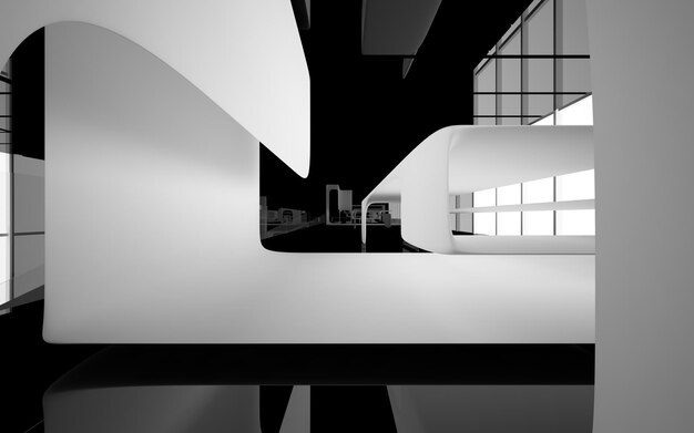 Spazio pubblico multilivello interno bianco e nero astratto con la finestra. Illustrazione e rendering 3D