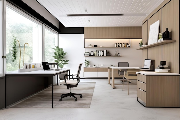 Spazio ufficio minimalista con linee pulite e colori neutri creati con l'intelligenza artificiale generativa