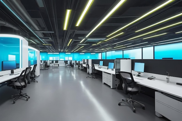 Spazio ufficio moderno con desktop con computer moderni creati con la tecnologia di intelligenza artificiale generativa