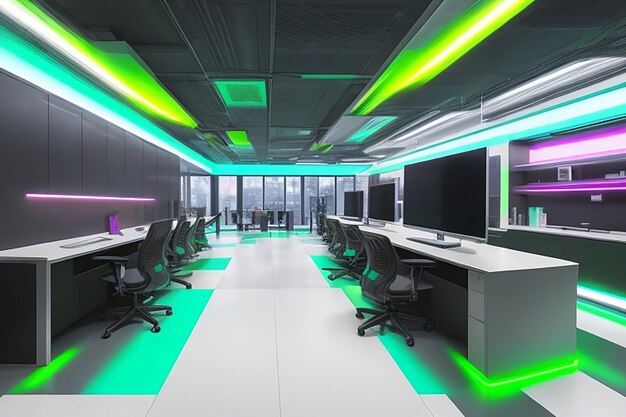 Spazio ufficio moderno con desktop con computer moderni creati con la tecnologia di intelligenza artificiale generativa