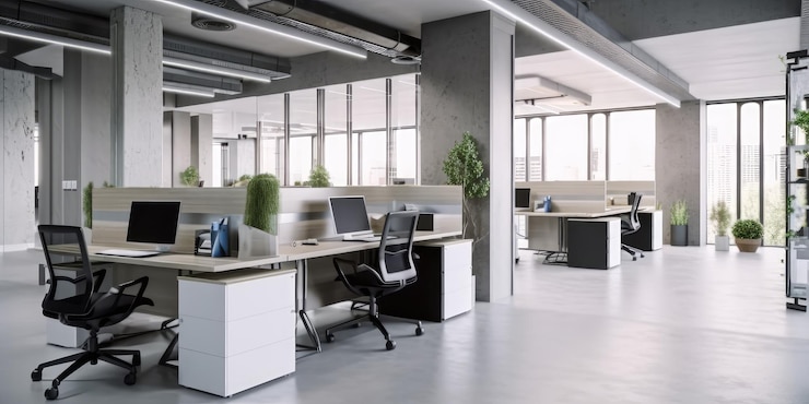 Foto spazio ufficio moderno con tavoli e sedie computer tavolo tavolato in legno generative ai aig18