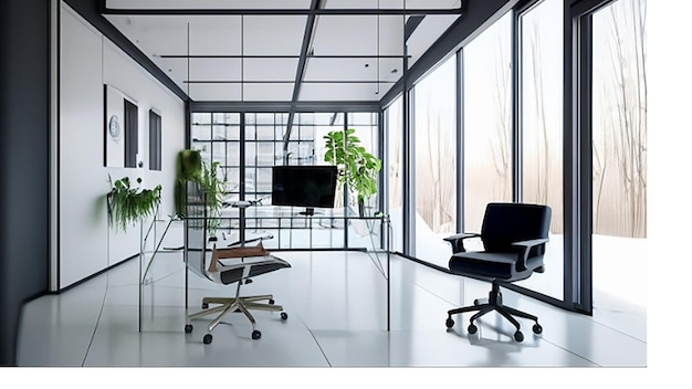 Spazio ufficio moderno e luminoso con scrivania in vetro e sedia da ufficio ergonomica per il manager dell'azienda
