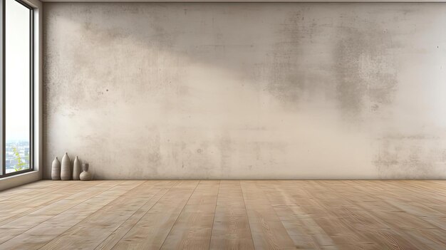 spazio vuoto in una stanza con pavimento di legno e pareti di cemento nello stile di anticlutter