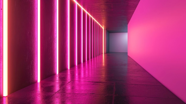 Spazio vuoto lungo corridoio tunnel con illuminazione neon rosa pareti vuote sfondo