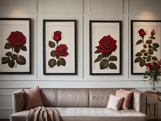 Spazio vuoto sulla parete con stampe incorniciate o dipinti di rose dettagliate Questo fornisce un'atmosfera classica e raffinata
