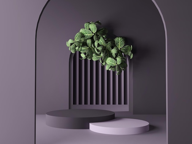 Spazio vuoto viola con più piattaforme e decorazione a foglia verde Rendering 3D