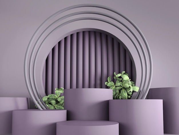 Spazio vuoto viola con più piattaforme e decorazione a foglia verde Rendering 3D