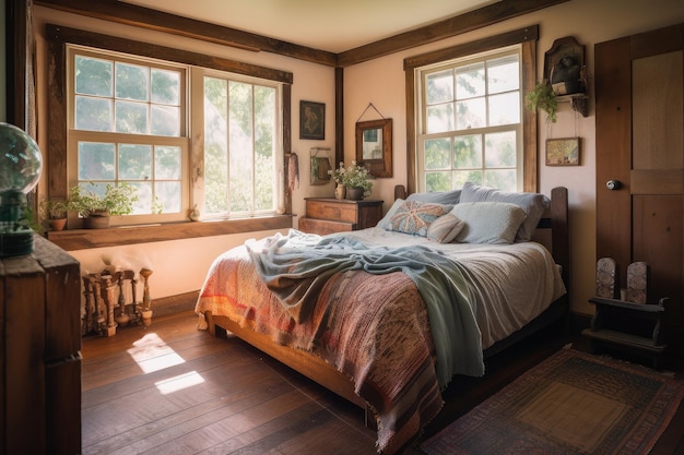 Spaziosa camera da letto con giroletto in legno rustico cuscini lussureggianti e trapunta accogliente