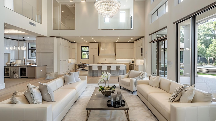 Foto spaziosa zona abitativa a piano aperto con divani pearlwhite e una cucina gourmet di fascia alta