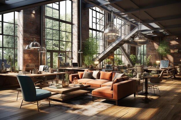 Spazioso loft industriale con design moderno con grandi finestre