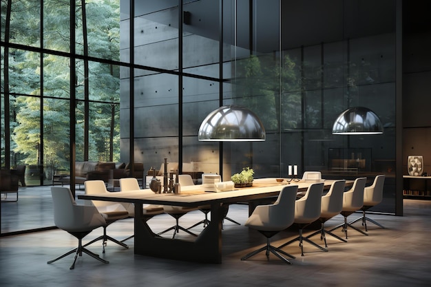 Spazioso soggiorno moderno con mobili eleganti, grandi finestre ad arco