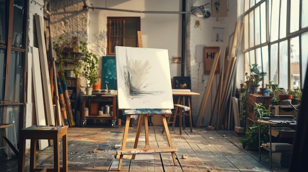 Spazioso studio d'arte illuminato dal sole con cavalletto e pittura incompiuta circondato da piante e rifornimenti