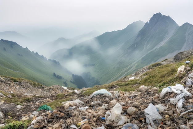 spazzatura in montagna fotografia pubblicitaria professionale generata dall'intelligenza artificiale