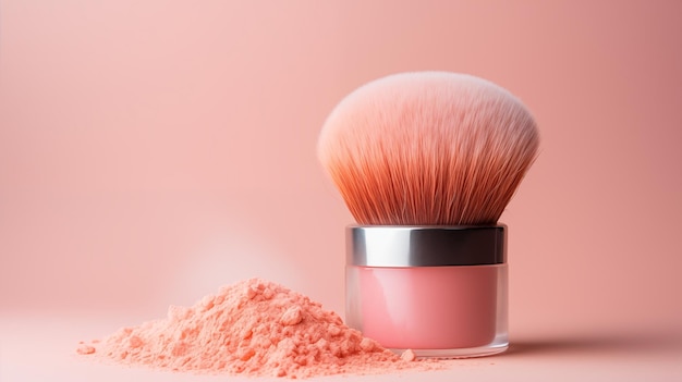 spazzola e polvere cosmetica su uno sfondo semplice di colore peach fuzz