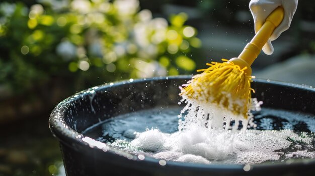 Spazzola per la pulizia della persona in una ciotola d'acqua blu