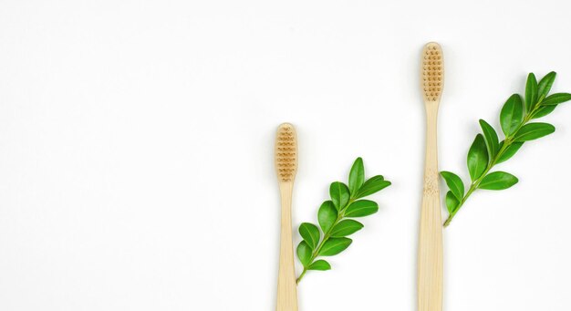 Spazzolini da denti in legno su sfondo bianco con foglie verdi Prodotti ecologici per la cura della persona