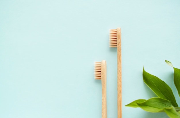 Spazzolino da denti di bambù su uno sfondo blu e foglie verdi