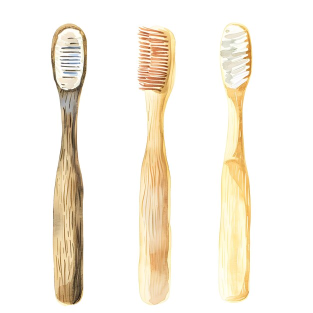 Spazzolino da denti in bambù acquerello isolato su sfondo bianco Stile di vita ecologico Spazzolino di denti in legno