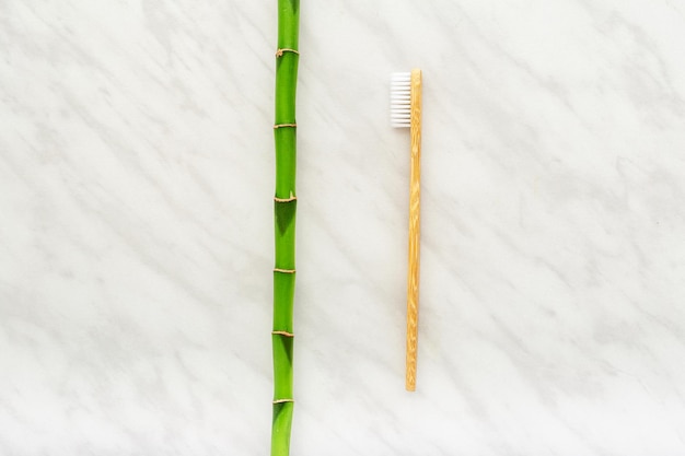Spazzolino da denti in bambù pianta di bambù su sfondo di marmo biancospazio piatto copia spazio prodotti da bagno naturali...