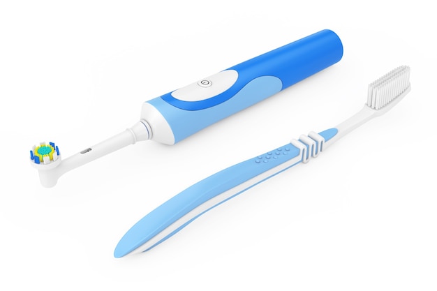Spazzolino da denti semplice e nuovo spazzolino elettrico su sfondo bianco. Rendering 3D
