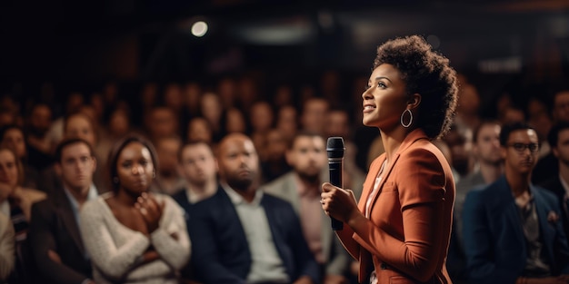 Speaker donna che si esibisce sul palco e parla a un grande pubblico