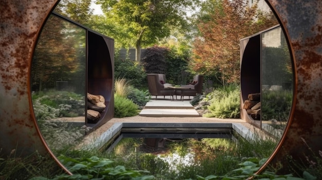 Specchi metallici simmetrici montati sul lato di un camino esterno danno al giardino una vista ampliata generata dall'IA