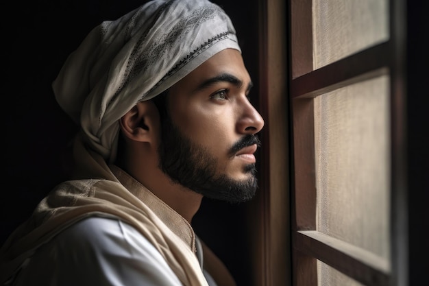 Specchietto retrovisore di un uomo musulmano che guarda fuori dalla finestra creato con l'intelligenza artificiale generativa