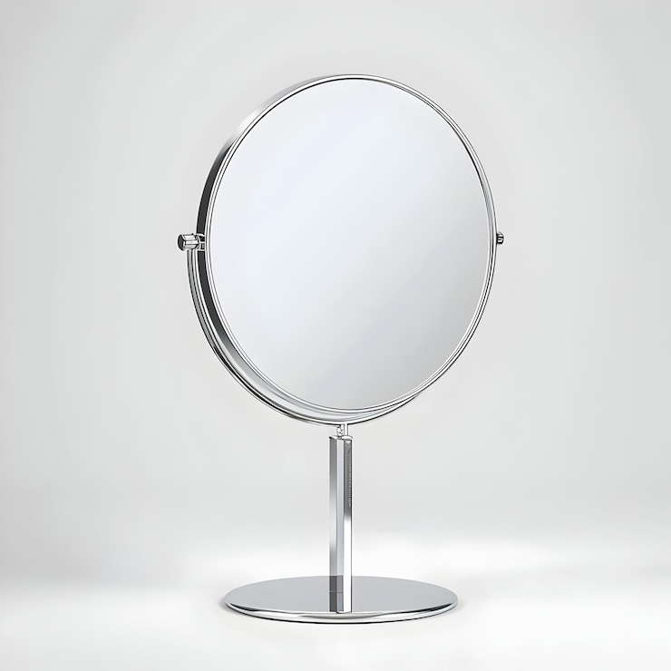 Foto specchio a supporto rotondo in cromo specchio di trucco circolare moderno isolato su sfondo bianco