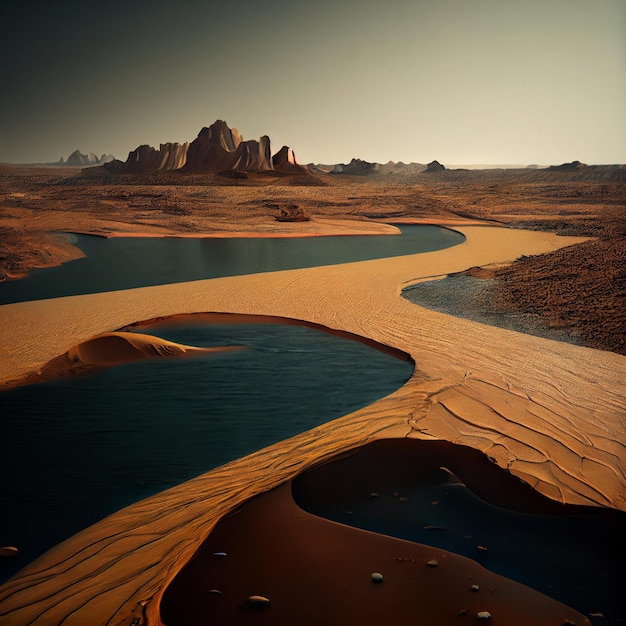 Specchio d'acqua seduto nel mezzo di un deserto ai generativo