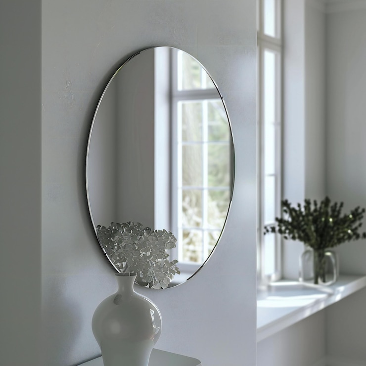Foto specchio in un bagno moderno con parete bianca e specchio