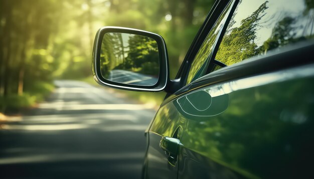 Specchio laterale di un'auto verde nella foresta