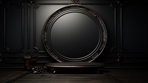 specchio ovale arafed in una stanza buia con un tavolo di legno generativo ai
