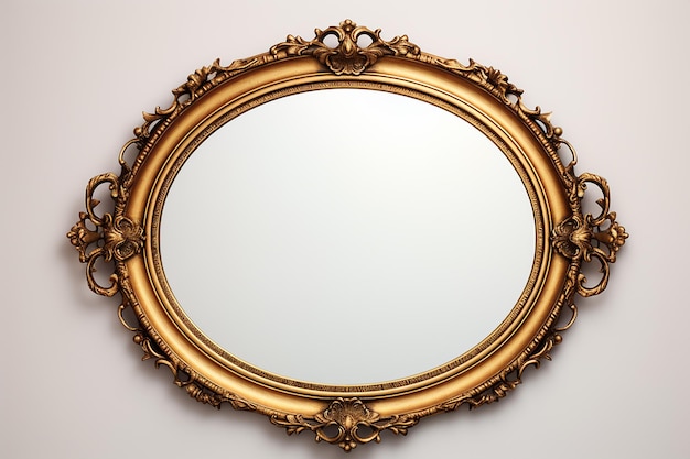 Specchio ovale con disegno vintage cornice dorata su sfondo bianco a parete AI Generative