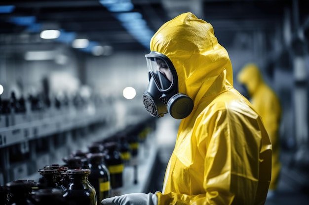 Specialista chimico indossa uniforme di sicurezza e maschera antigas per ispezionare le perdite chimiche in una fabbrica industriale