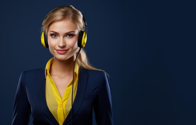 Specialista dell'help desk del call center Assistente Donna con un auricolare sulla testa Codice di abbigliamento professionale