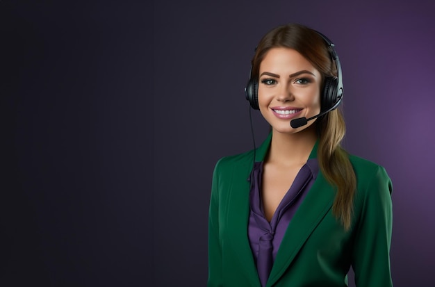 Specialista dell'help desk del call center Assistente Donna con un auricolare sulla testa Codice di abbigliamento professionale