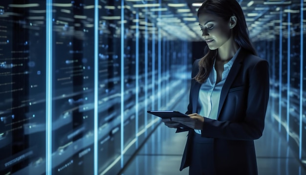 Specialista IT di successo del data center femminile che utilizza il tablet per gestire i dati