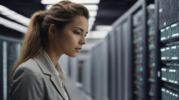 Specialista IT femminile utilizza un computer portatile ispeziona il cloud computing Server Farm Maintenance Control