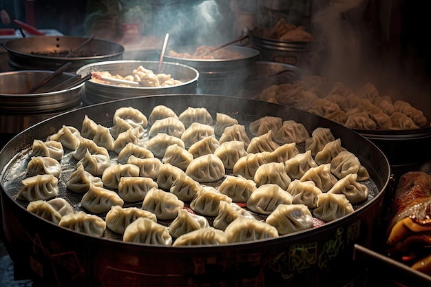 Specialità cinesi gnocchi al vapore sono venduti in uno stand di cibo di strada a Pechino in Cina