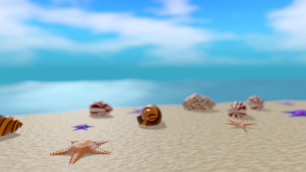 Specie miste di conchiglie e stelle marine su una spiaggia Rendering 3D