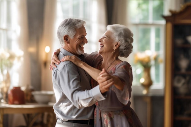 Spensierata felice vecchia coppia anziana attiva che balla saltando ridendo nel soggiorno allegro marito anziano in pensione che tiene la mano della moglie matura di mezza età goditi il divertimento IA generativa