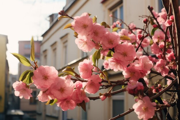 Speranza in fiore Un ramo di fiori rosa adorna la facciata di un appartamento AR 32
