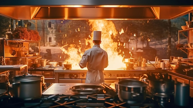 Sperimenta la magia dell'arte culinaria Chef in Uniform Cooking with Flames Generative AI