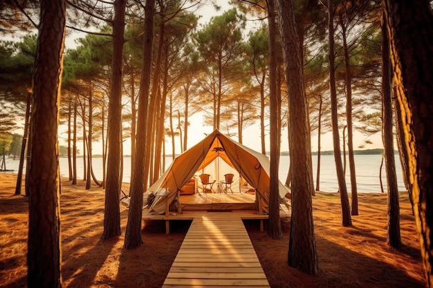 Sperimenta la perfetta combinazione di lusso e natura con il glamping in una serena pineta Immergiti nella bellezza della natura mentre ti godi il comfort dei servizi moderni IA generativa