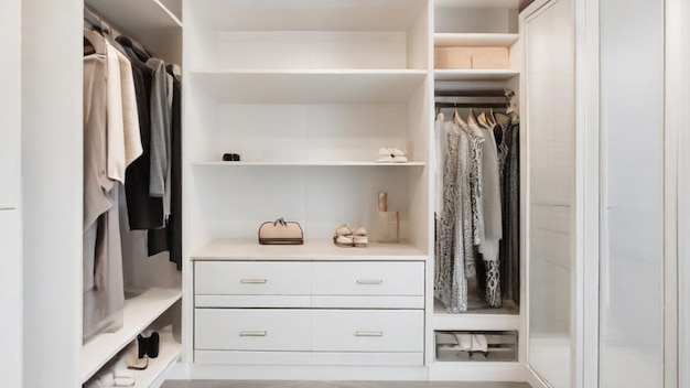 Sperimentate la bellezza del minimalismo in questo armadio da passeggio dove ogni elemento è attentamente