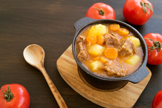 Spessa zuppa ungherese, il goulash. su sfondo scuro.