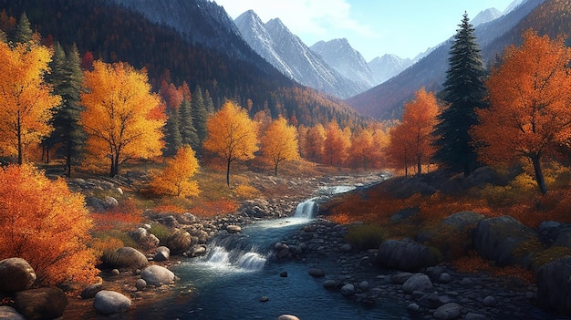Spettacolare autunno foresta montagna e scena di ruscello arte digitale illustrazione 3D